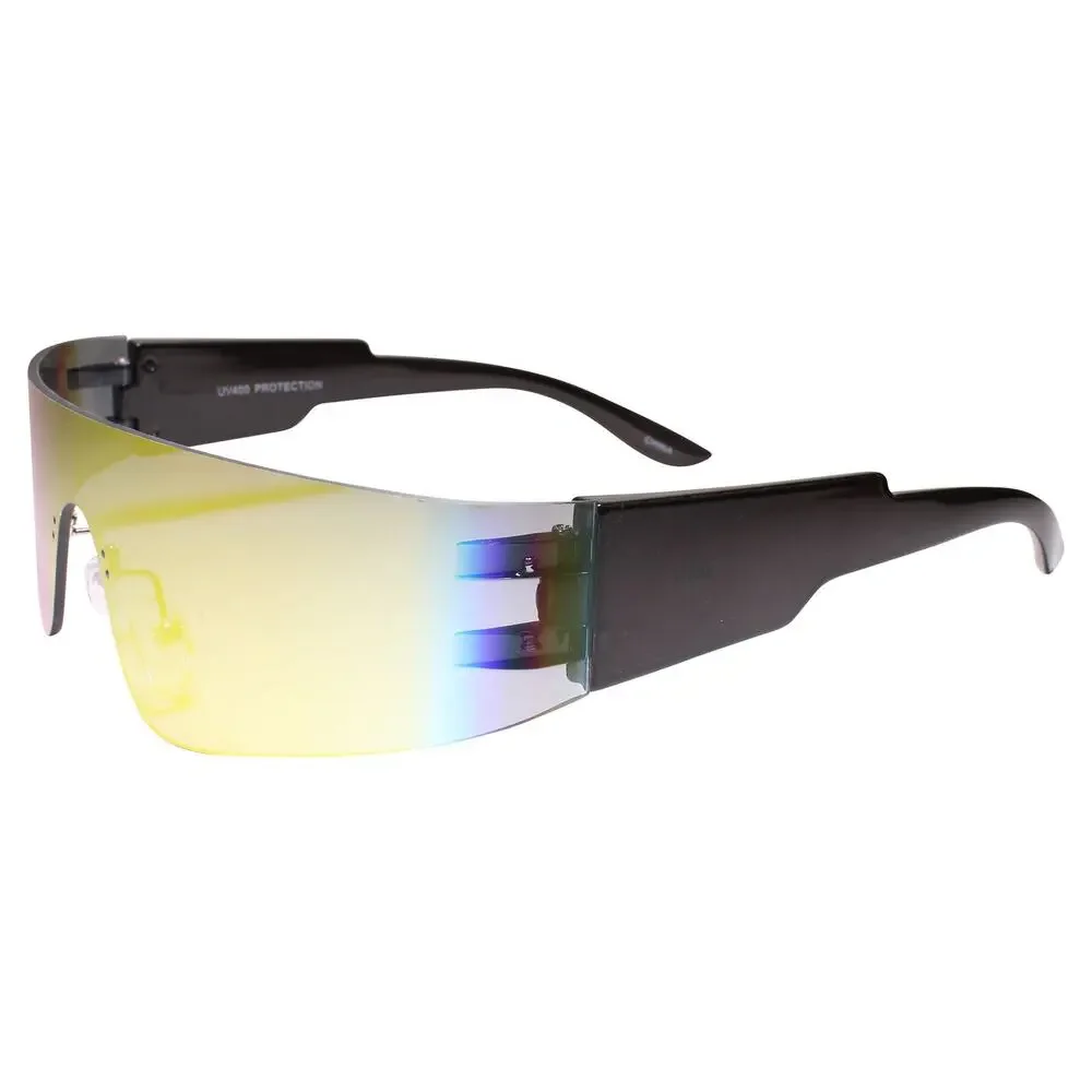 Rimless Futuristic Wrap Around Sunglasses Orange Mirrored Cyberpunk Visor